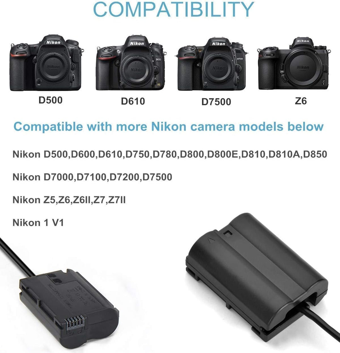 Adaptador Corriente Directa Para Camara Nikon de Bateria EN-EL15 D7000 D7100 D7200 D7500 Z5 Z6 Z6II Z7II Z8 D750 D780 D800 D500 D600 D610 D800E D811E D81 D850