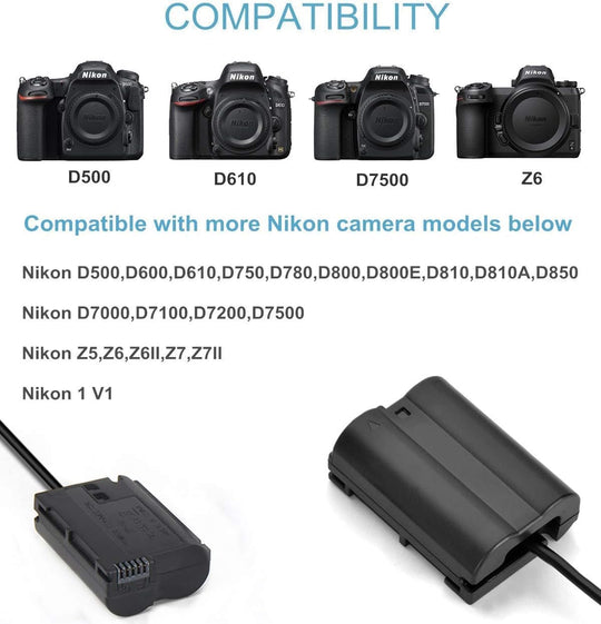 Adaptador Corriente Directa Para Camara Nikon de Bateria EN-EL15 D7000 D7100 D7200 D7500 Z5 Z6 Z6II Z7II Z8 D750 D780 D800 D500 D600 D610 D800E D811E D81 D850