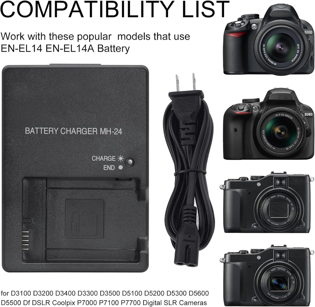 Cargador MH-24 + Bateria EN-EN14A Nikon D3100- D3200- D3300- D3400- D3500- D5100- D5200- D5300- D5500- D5600