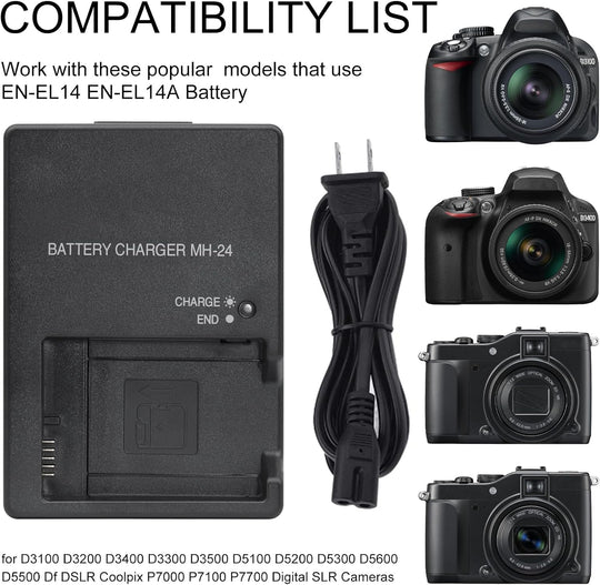 Cargador MH-24 + Bateria EN-EN14A Nikon D3100- D3200- D3300- D3400- D3500- D5100- D5200- D5300- D5500- D5600