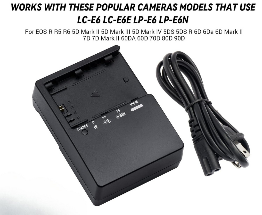 Cargador LC-E6 Para Canon R Ra R5 R6 5DS 5DS R 5D Mark II 5D Mark III 5D Mark IV 6D 6D Mark II 7D 7D SV 7D Mark II 60D 60Da 70D 80D 90D XC10 XC15
