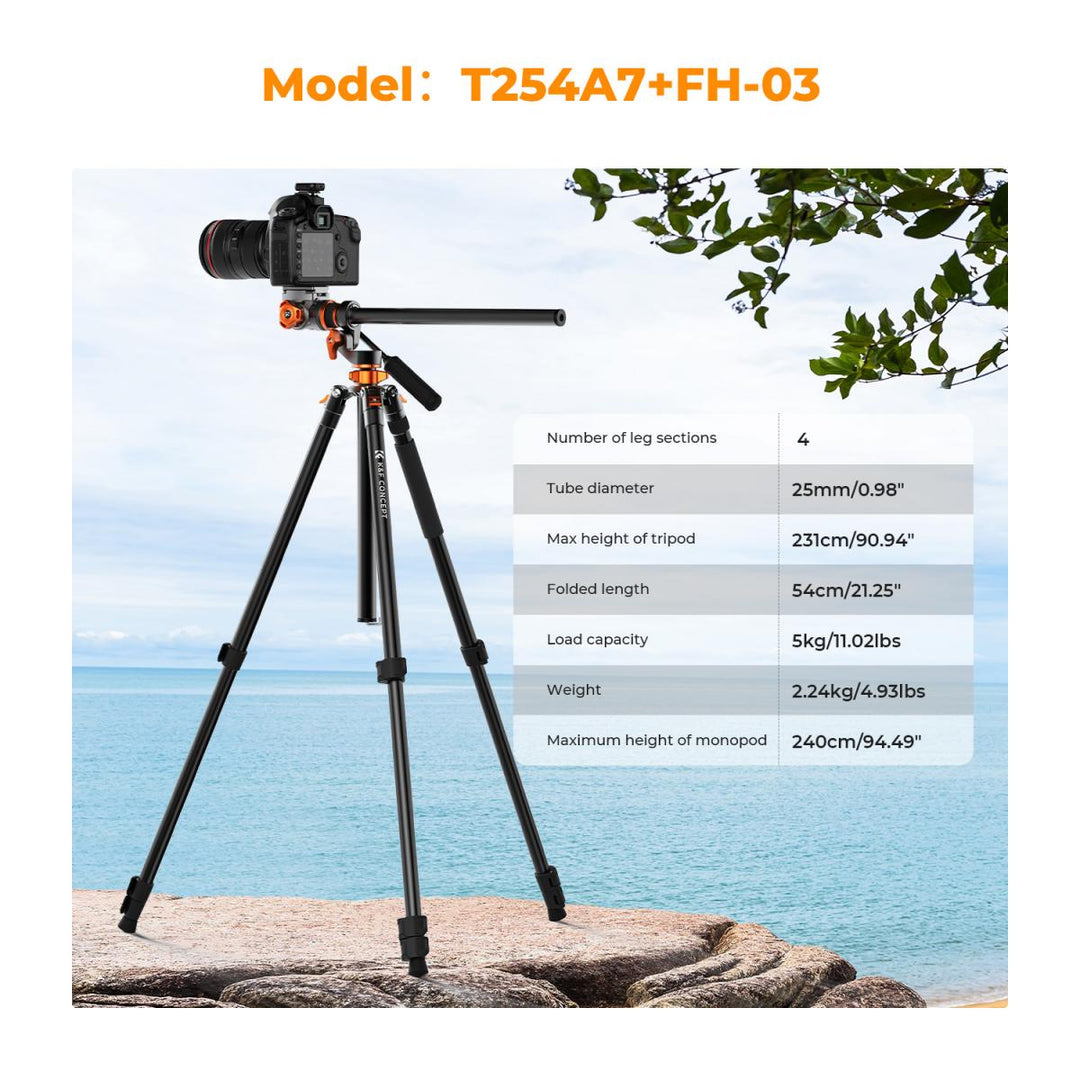 Trípode Profesional Cabezal Fluido 360 2,3m K&F Concept Toma Cenital